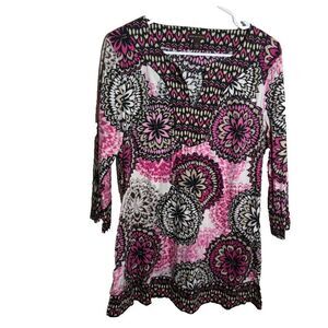 Dana Buchman Blouse Women's Large V-Neck Printed 3/4 Sleeve Career Top Shirt